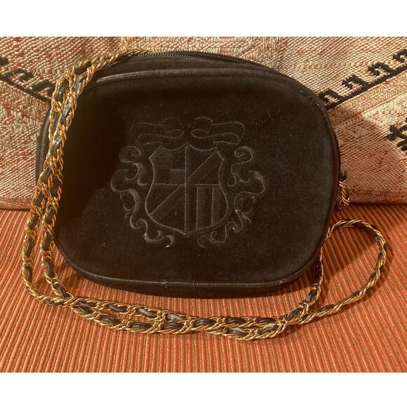Ann Taylor Y2K Vintage Black Suede Leather Chain Strap Crest Crossbody Bag - Picture 2 of 8